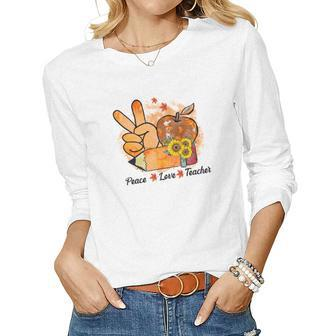 Peace Love Teacher Teaching Life Fall Pumpkin Season Women Graphic Long Sleeve T-shirt - Seseable