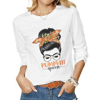 Pumpkin Queen Pumpkin Messy Bun Fall Autumn Thanksgiving Women Graphic Long Sleeve T-shirt - Thegiftio UK