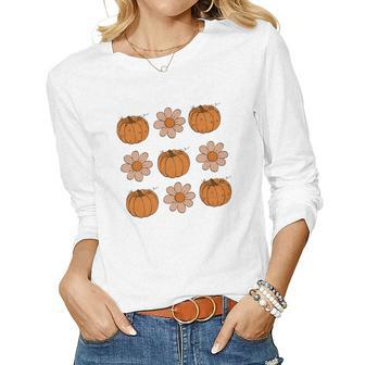 Pumpkins With Flowers Autumn Fall Season Women Graphic Long Sleeve T-shirt - Seseable
