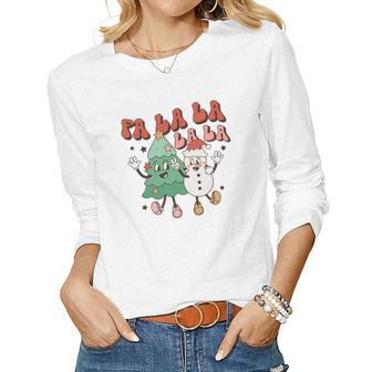 Retro Christmas Fa La La Vintage Christmas Tree Gifts Women Graphic Long Sleeve T-shirt - Seseable
