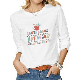 Retro Christmas Santa Claus Hot Cocoa Holiday Christmas Lights Women Graphic Long Sleeve T-shirt - Seseable