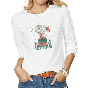 Retro Christmas Skeleton Hand Merry Christmas Gift Women Graphic Long Sleeve T-shirt - Seseable