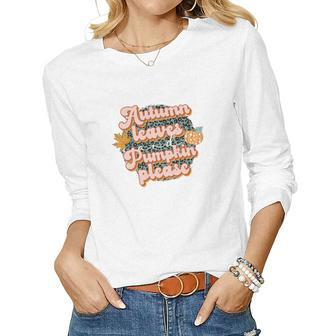 Retro Fall Autumn Leaves And Pumpkins Please Autumn Women Graphic Long Sleeve T-shirt