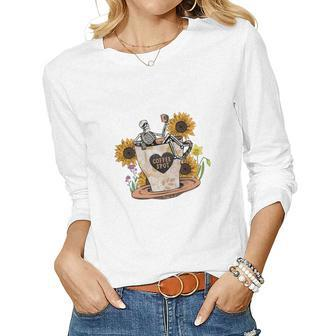 Skeleton And Plants Coffee And Spot Skeleton Drink Coffee Women Graphic Long Sleeve T-shirt - Seseable