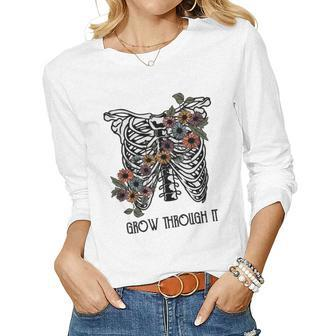Skeleton And Plants Grow Through It Design Women Graphic Long Sleeve T-shirt - Seseable