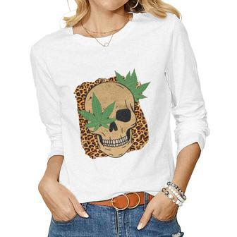Skeleton And Plants Skull And Leaf Design Women Graphic Long Sleeve T-shirt - Seseable