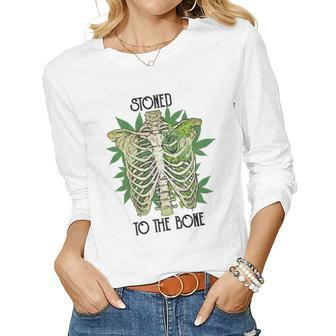 Skeleton And Plants Stoned To The Bone Women Graphic Long Sleeve T-shirt - Seseable