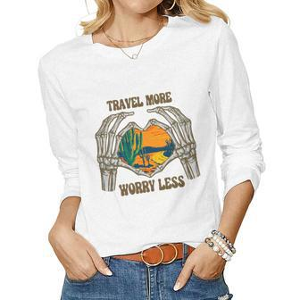 Skeleton And Plants Travel More Worry Less Design Women Graphic Long Sleeve T-shirt - Seseable