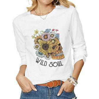 Skeleton And Plants Wild Soul Daisy Flower Women Graphic Long Sleeve T-shirt - Seseable