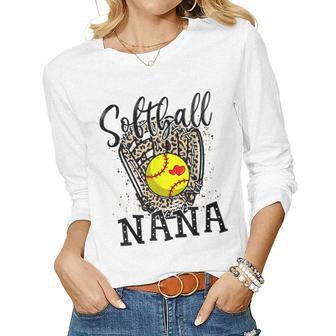 Softball Nana Leopard Game Day Softball Lover Mothers Day Women Graphic Long Sleeve T-shirt - Thegiftio UK