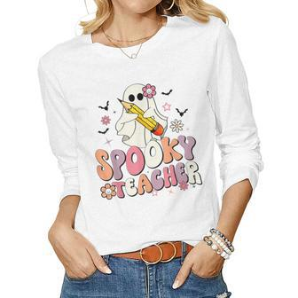 Spooky Teacher Ghost Halloween Groovy Retro Trick Or Treat Women Graphic Long Sleeve T-shirt - Thegiftio UK