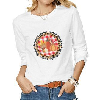 Sweaters Campfires Flannels Pumpkins Leaves Fall Women Graphic Long Sleeve T-shirt - Seseable