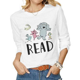 Teacher Library Funny Read Book Club Piggie Elephant Pigeons  Women Graphic Long Sleeve T-shirt