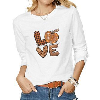 Teacher Love Fall Season Pumpkin Pattern Women Graphic Long Sleeve T-shirt - Seseable