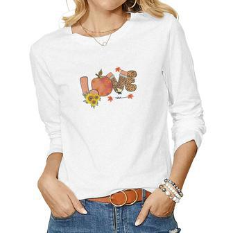 Teacher Love Peace Teach Thanksgiving Fall Pumpkin Women Graphic Long Sleeve T-shirt - Seseable