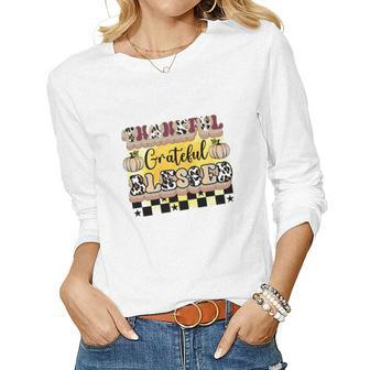 Thankful Grateful Blessed Autumn Fall Season Gifts Women Graphic Long Sleeve T-shirt - Seseable