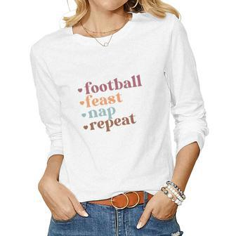Thanksgiving Football Turkey Nap Repeat Women Graphic Long Sleeve T-shirt - Seseable