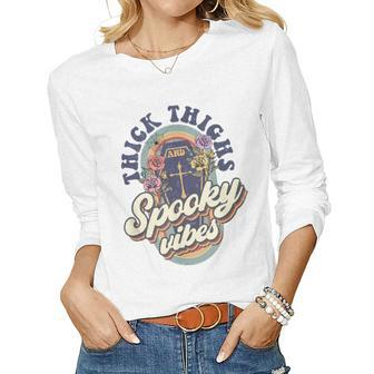 Thick Thighs And Spooky Vibes Retro Spooky Halloween Women Graphic Long Sleeve T-shirt - Seseable