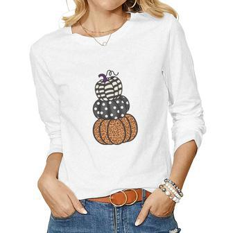 Three Pumpkins Fall Season Love Women Graphic Long Sleeve T-shirt - Seseable