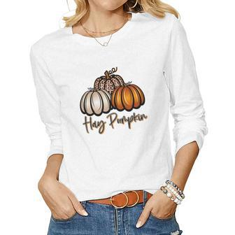 Three Pumpkins Hay Pumpkin Fall Women Graphic Long Sleeve T-shirt - Seseable