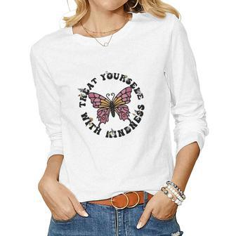 Treat Yourself With Kindness Retro Boho V2 Women Graphic Long Sleeve T-shirt - Seseable