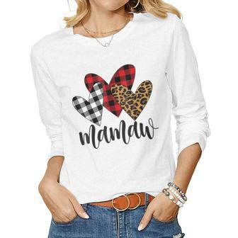 Valentines Day Leopard Mamaw Buffalo Plaid Mamaw Lover Women Graphic Long Sleeve T-shirt - Thegiftio UK