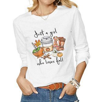 Womens Just A Girl Who Loves Fall Pumpin Spice Latte Autumn Women Graphic Long Sleeve T-shirt - Thegiftio UK