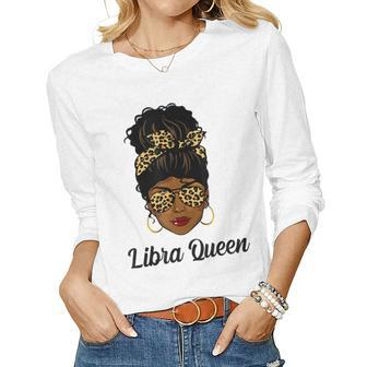Womens Libra Queen Leopard Black September Melanin Birthday Women Graphic Long Sleeve T-shirt - Thegiftio UK