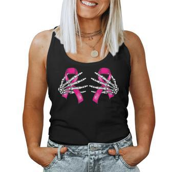 Boob Skeleton Hand On Breast Cancer Ribbon Halloween Womens V2 Women Tank Top Basic Casual Daily Weekend Graphic - Thegiftio UK
