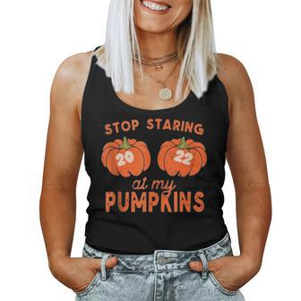 Funny 2022 Stop Staring At My Pumpkins Halloween Fall Womens Women Tank Top Basic Casual Daily Weekend Graphic - Thegiftio UK