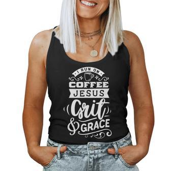Strong Woman I Run On Coffee Jesus Grit And Grace White Women Tank Top Basic Casual Daily Weekend Graphic - Seseable