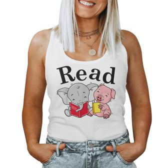 Teacher Library Read Book With Cute Pig And Elephant Women Tank Top Basic Casual Daily Weekend Graphic - Thegiftio UK