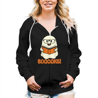 Booooks Ghost Boo Read Books Library Teacher Halloween Cute V4 Women Hoodie Casual Graphic Zip Up Hooded Sweatshirt - Thegiftio UK