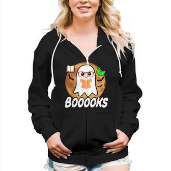 Booooks Ghost Boo Read Books Library Teacher Halloween Cute V5 Women Hoodie Casual Graphic Zip Up Hooded Sweatshirt - Thegiftio UK