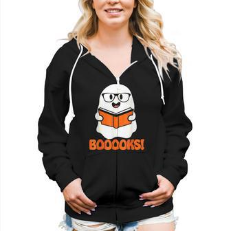 Booooks Ghost Boo Read Books Library Teacher Halloween Cute V7 Women Hoodie Casual Graphic Zip Up Hooded Sweatshirt - Thegiftio UK
