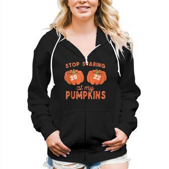 Funny 2022 Stop Staring At My Pumpkins Halloween Fall Womens Women Hoodie Casual Graphic Zip Up Hooded Sweatshirt - Thegiftio UK
