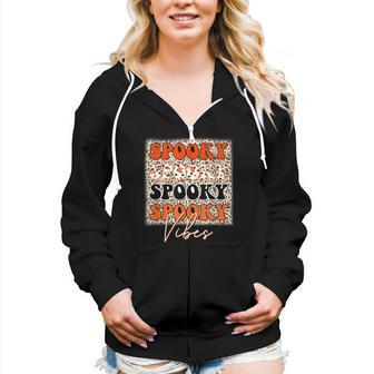 Spooky Vibes Halloween Spooky Leopard Pattern Autumn Women Hoodie Casual Graphic Zip Up Hooded Sweatshirt - Thegiftio UK