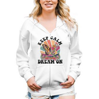 Keep Calm Dream On Vintage Boho Design V2 Women Hoodie Casual Graphic Zip Up Hooded Sweatshirt - Seseable