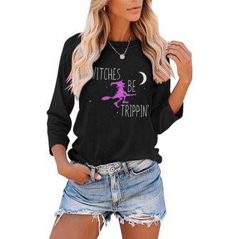 Witches Be Trippin Funny Halloween Witch Gift Cute Women Baseball Tee Raglan Graphic Shirt | Seseable CA