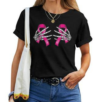 Boob Skeleton Hand On Breast Cancer Ribbon Halloween V2 Women T-shirt - Thegiftio UK