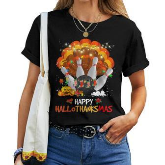 Bowling Halloween And Merry Christmas Happy Hallothanksmas Women T-shirt - Thegiftio UK
