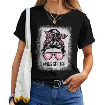 Nurse Life Bleached Pink Leopard Messy Bun Nurse Life Women T-shirt - Thegiftio UK