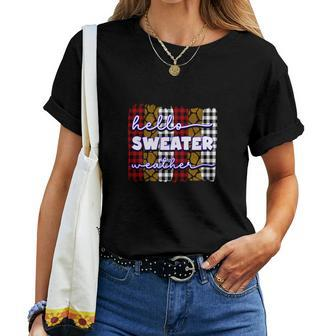 Red Caro Plaid Hello Sweater Weather Fall Women T-shirt - Seseable