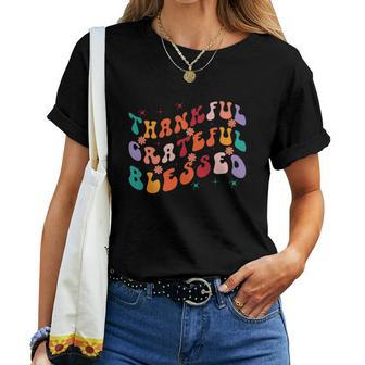 Thankful Grateful Blessed Fall Glitter Gift Women T-shirt - Seseable