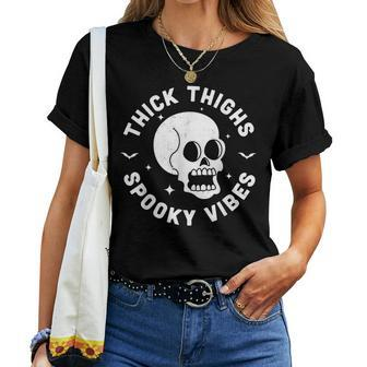 Thick Thighs Spooky Vibes Funny Halloween Skull Workout Gym Women T-shirt - Seseable