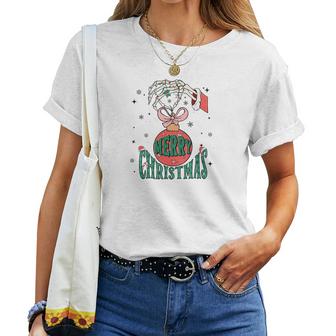 Retro Christmas Skeleton Hand Merry Christmas Gift Women T-shirt Casual Daily Crewneck Short Sleeve Graphic Basic Unisex Tee