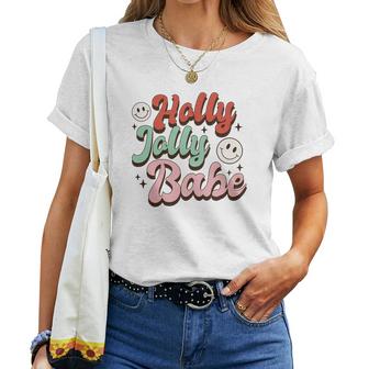 Retro Christmas Holly Jolly Babe Smiley Face Vintage Christmas Women T-shirt Casual Daily Crewneck Short Sleeve Graphic Basic Unisex Tee