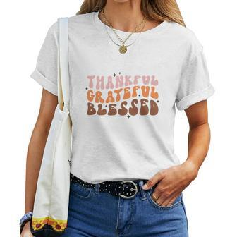 Fall Retro Thankful Grateful Blessed Thanksgiving Quotes Autumn Gift Women T-shirt - Seseable