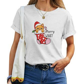 Funny Christmas Cat Merry What Xmas Holiday Women T-shirt - Seseable