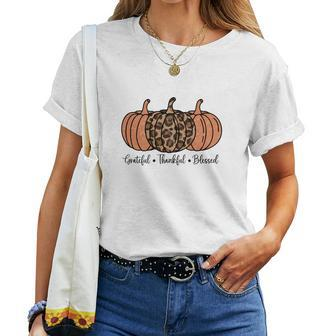 Grateful Thankful Blessed Three Pumpkins Orange Leopard Fall Women T-shirt - Seseable